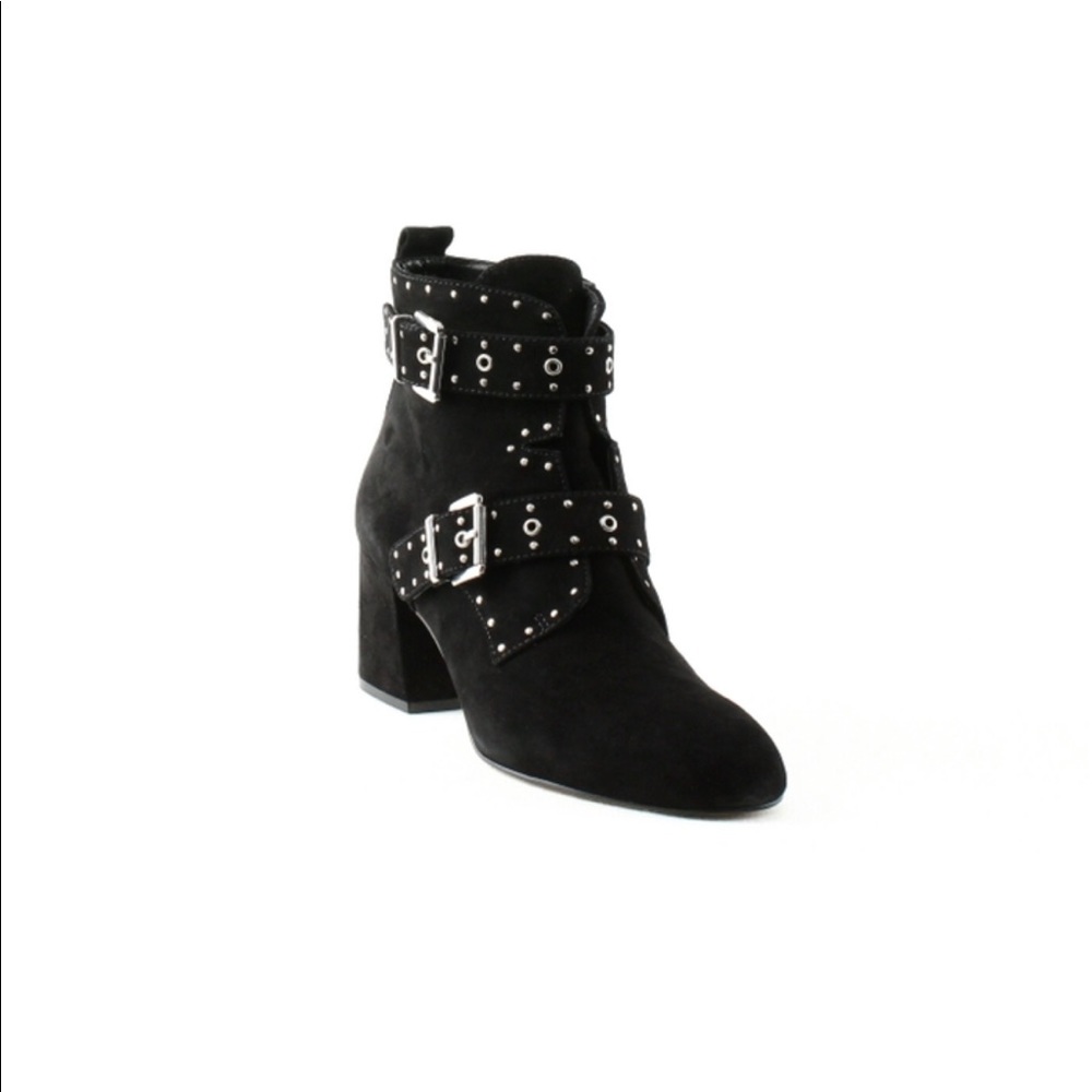 Rebecca Minkoff Black Suede Studded Buckle Ankle Boots - Picture 2 of 8